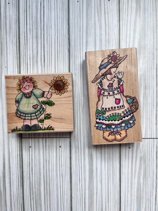 Set of Two Vintage Penny Black Stamps: Playful Girls. Used.