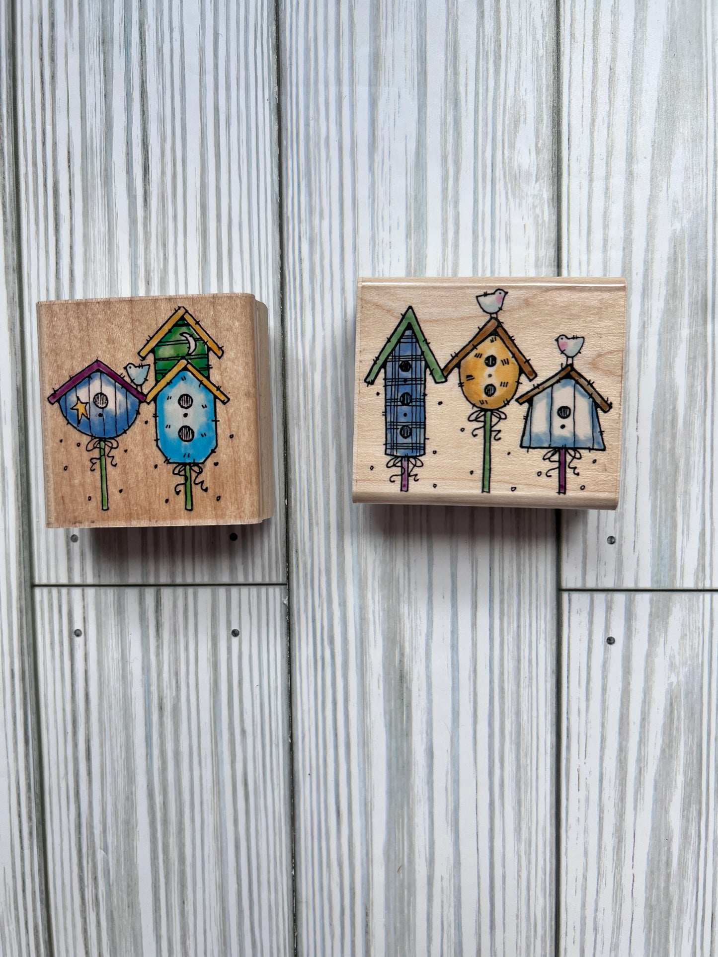 Set of Two Vintage Penny Black Stamps:  Birdhouses. Used.