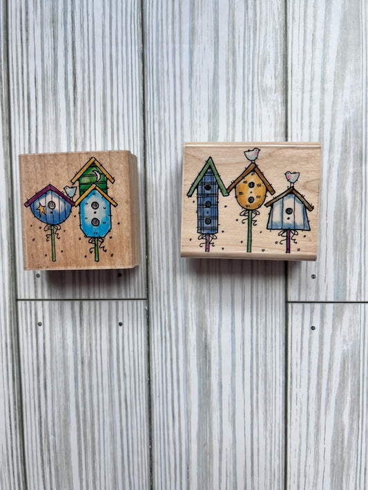 Set of Two Vintage Penny Black Stamps:  Birdhouses. Used.