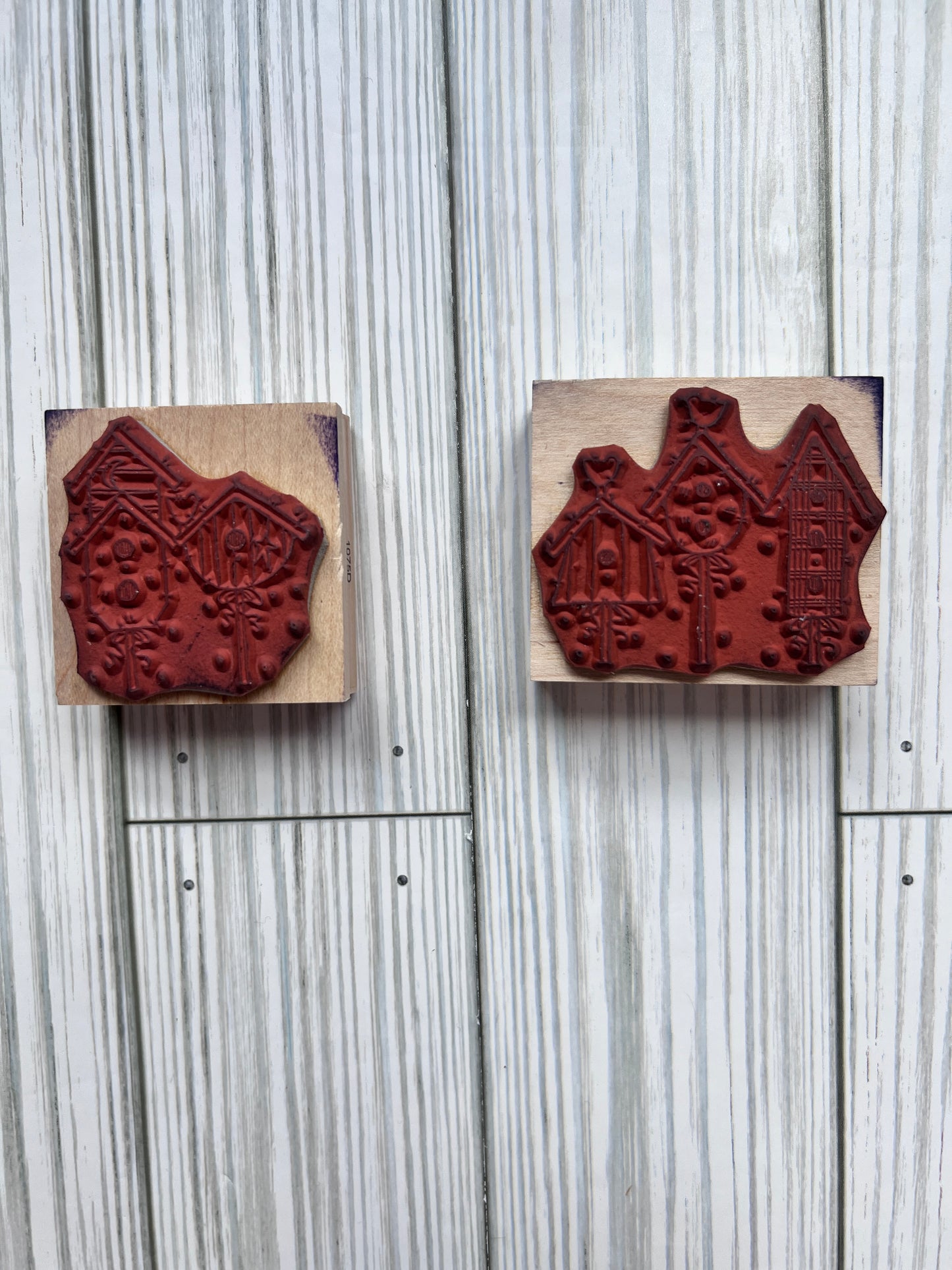 Set of Two Vintage Penny Black Stamps:  Birdhouses. Used.