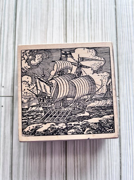 Wood Mounted Rubber Stamp, Sail Boat, Ship, Momenta Brand, Gently USED